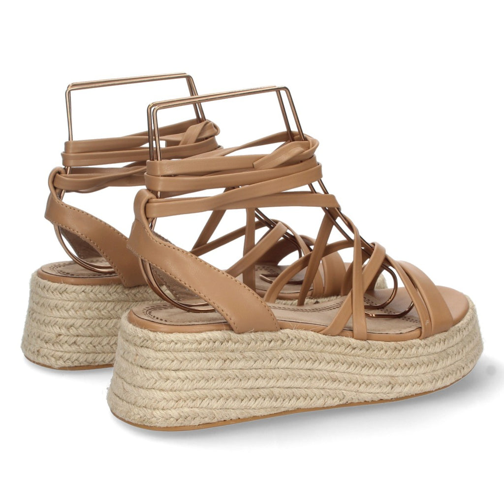 Sandalias Camel Mujer Plataforma Yute Tiras Finas Atadas Tobillo Elegantes