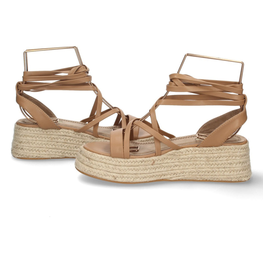 Sandalias Camel Mujer Plataforma Yute Tiras Finas Atadas Tobillo Elegantes
