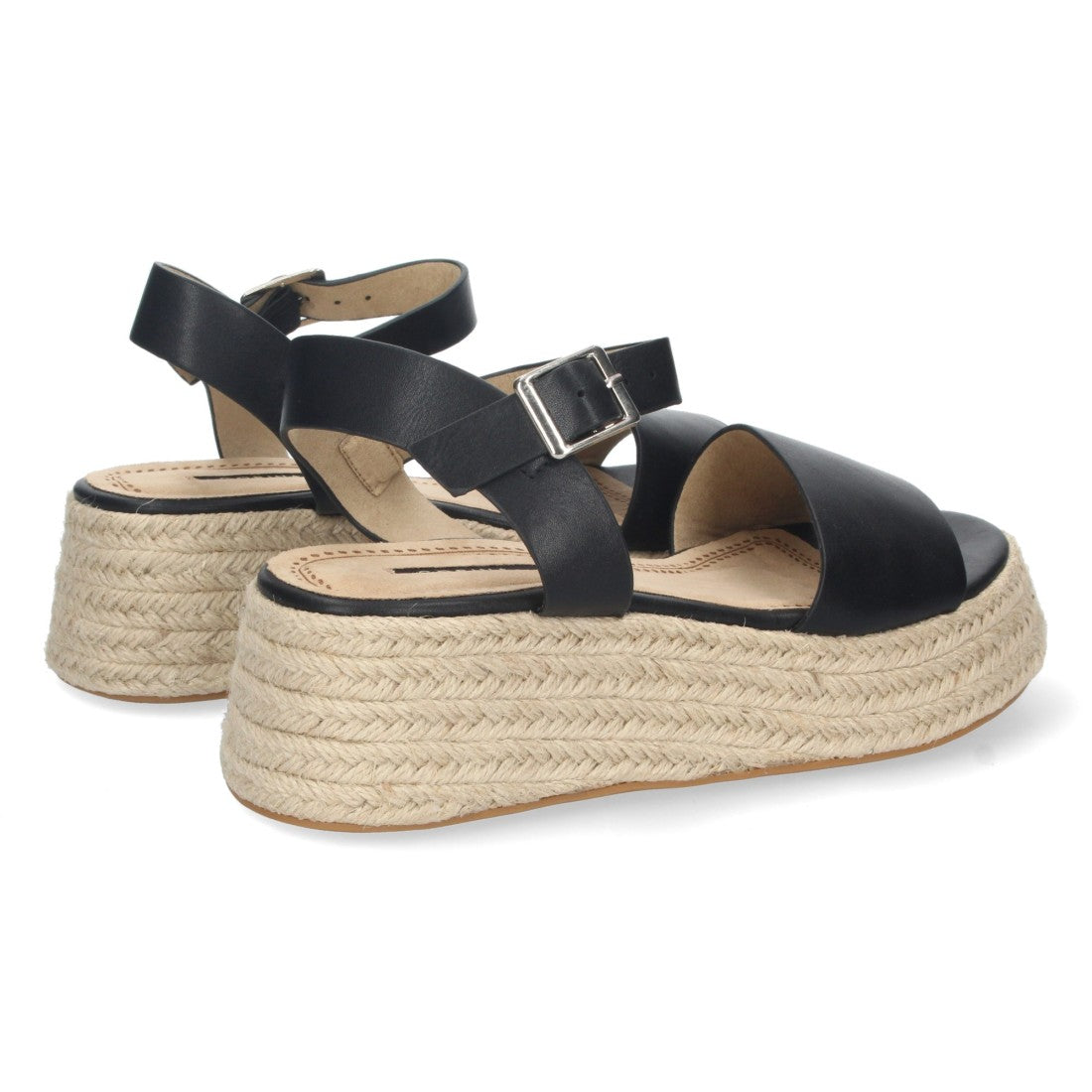 Sandalias Negras Mujer Plataforma Yute Pala Ancha Tobillera Elegantes