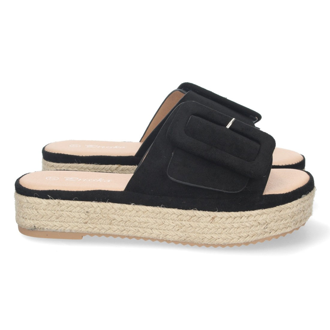 Sandalias Negras Mujer Plataforma Yute Pala Ancha Hebilla Talón Abierto Elegantes