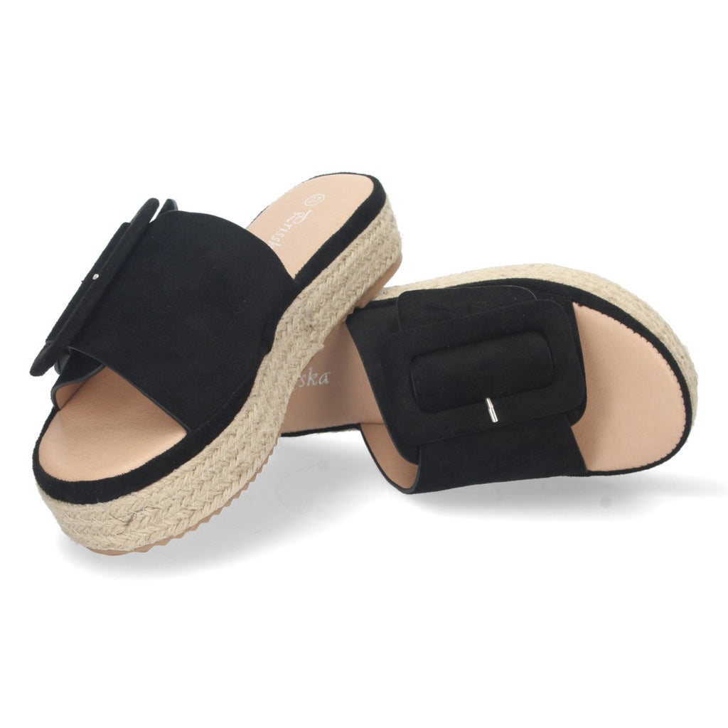 Sandalias Negras Mujer Plataforma Yute Pala Ancha Hebilla Talón Abierto Elegantes
