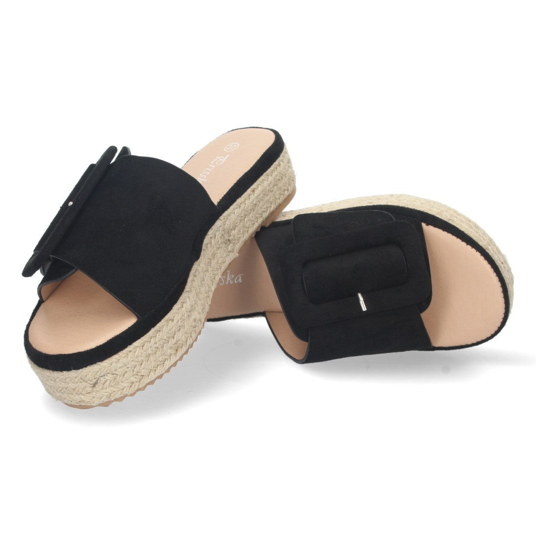 Sandalias Negras Mujer Plataforma Yute Pala Ancha Hebilla Talón Abierto Elegantes