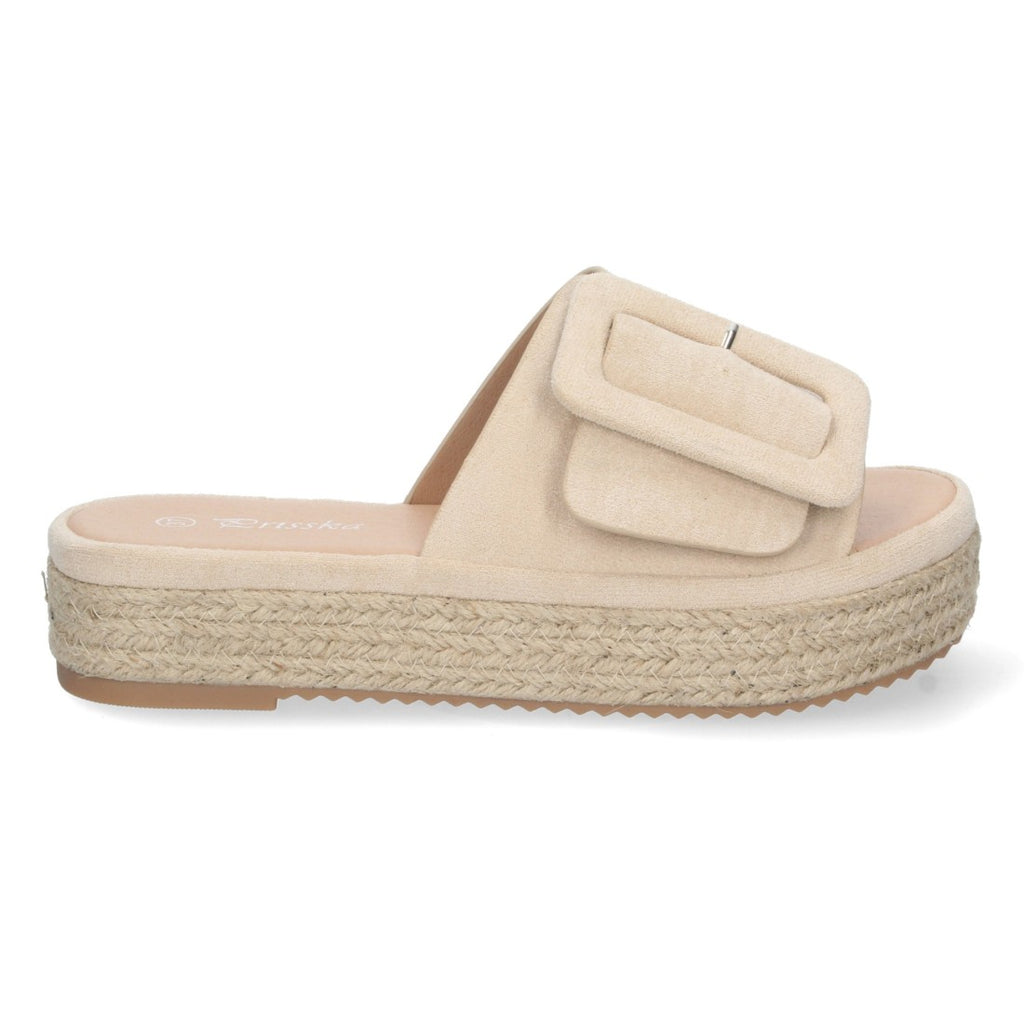 Sandalias Beige Mujer Plataforma Yute Pala Ancha Hebilla Talón Abierto Elegantes