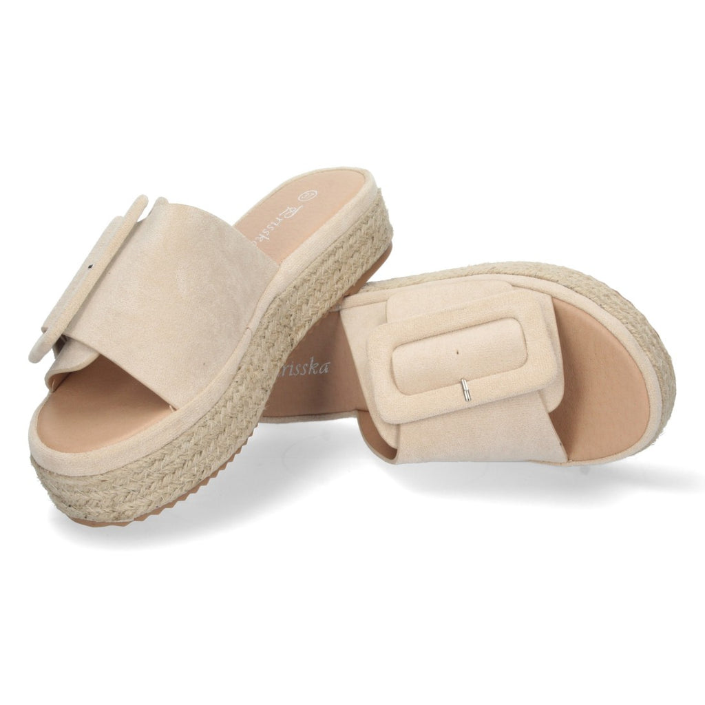 Sandalias Beige Mujer Plataforma Yute Pala Ancha Hebilla Talón Abierto Elegantes