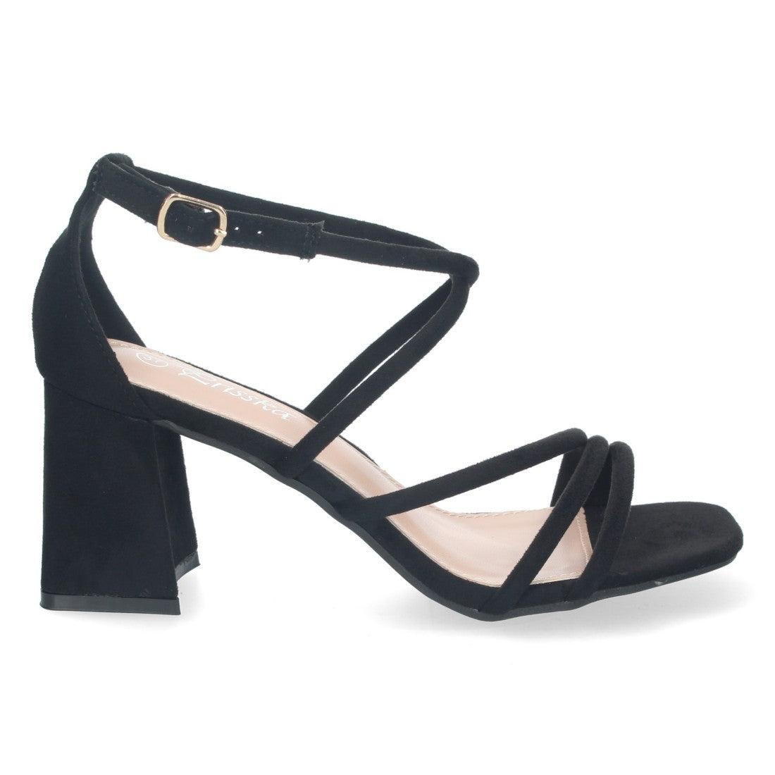 Sandalias Negras Mujer Tacón Tiras Finas Cruzadas Talón Cerrado Hebilla Fiesta