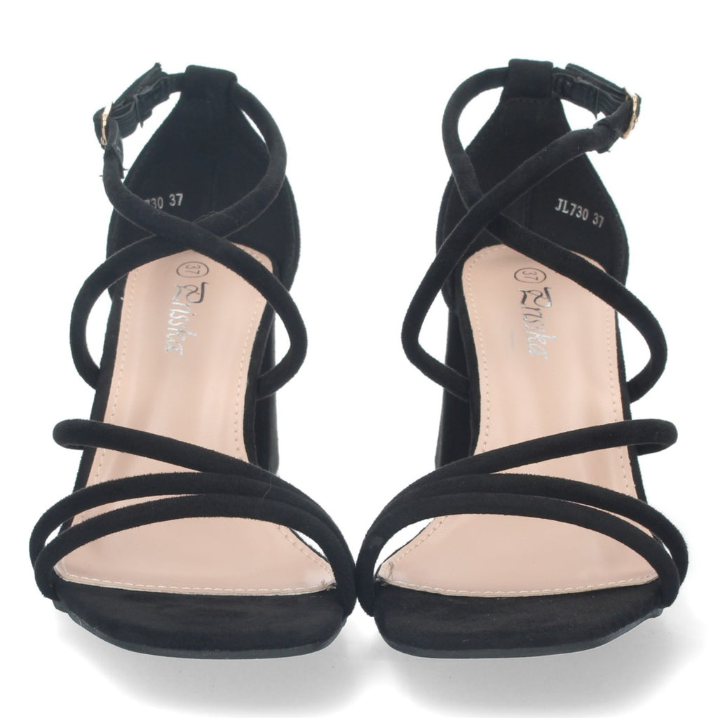 Sandalias Negras Mujer Tacón Tiras Finas Cruzadas Talón Cerrado Hebilla Fiesta