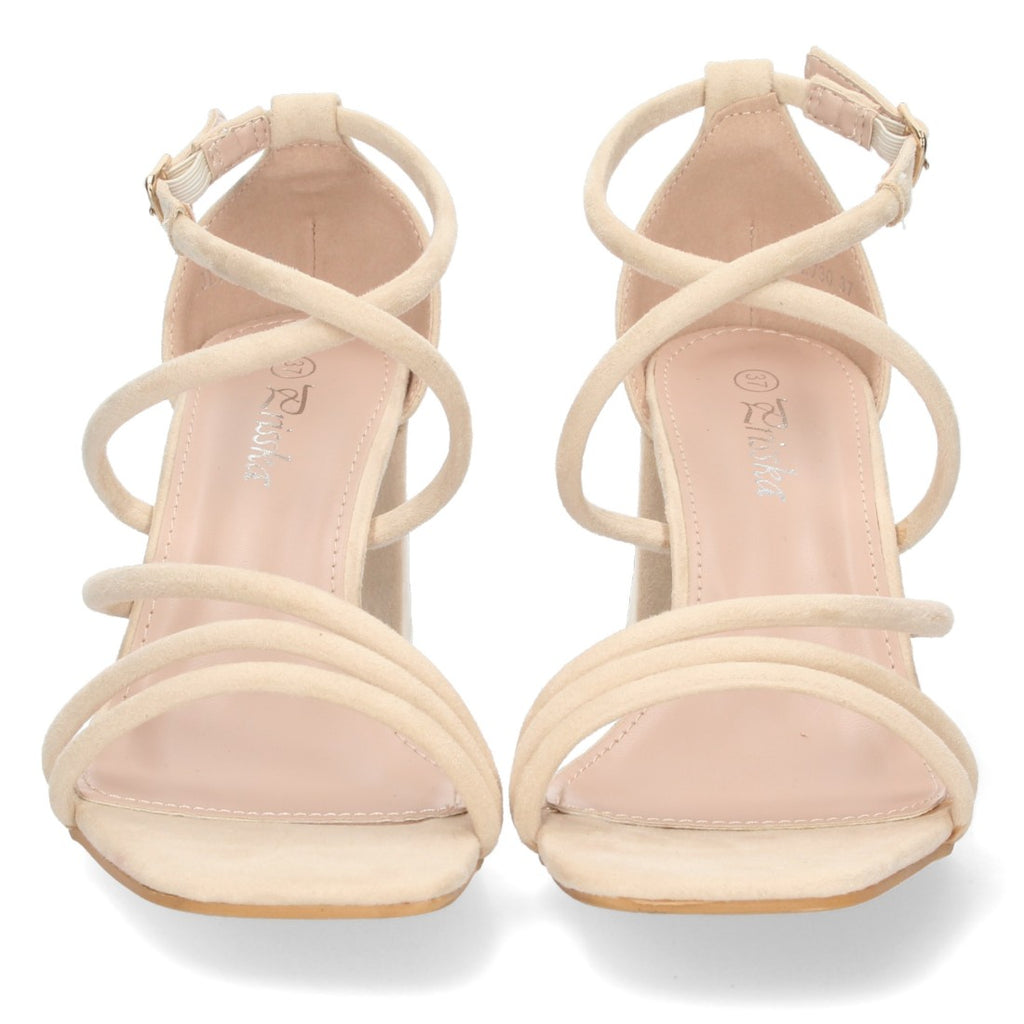 Sandalias Beige Tacón Tiras Cruzadas Empeine Hebilla Fiesta