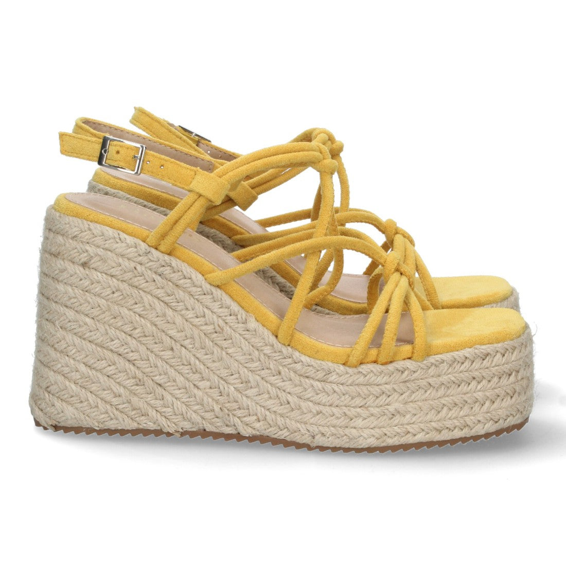 Sandalias Amarillas Mujer Cuña Yute Tiras Entrelazadas Tobillera Elegantes