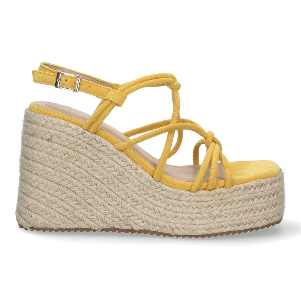 Sandalias Amarillas Mujer Cuña Yute Tiras Entrelazadas Tobillera Elegantes