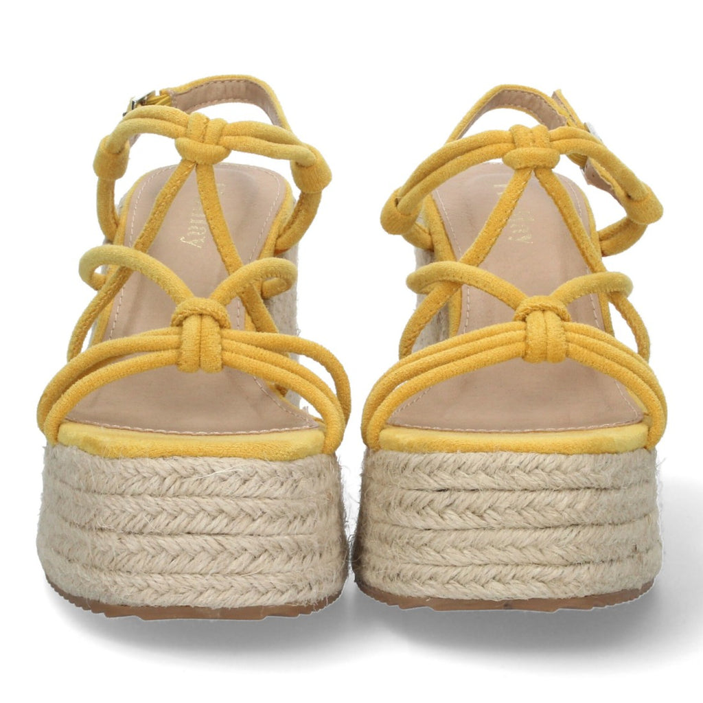 Sandalias Amarillas Mujer Cuña Yute Tiras Entrelazadas Tobillera Elegantes
