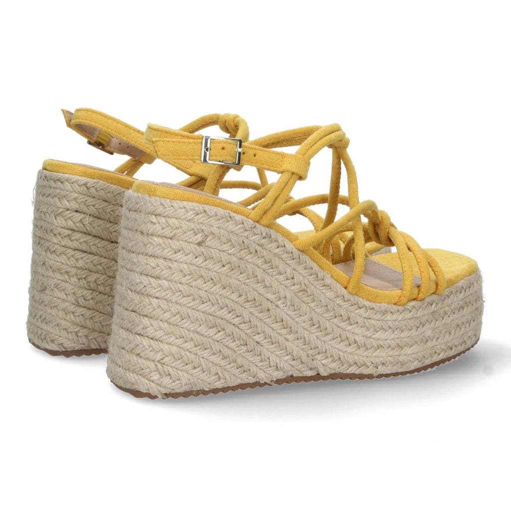 Sandalias Amarillas Mujer Cuña Yute Tiras Entrelazadas Tobillera Elegantes