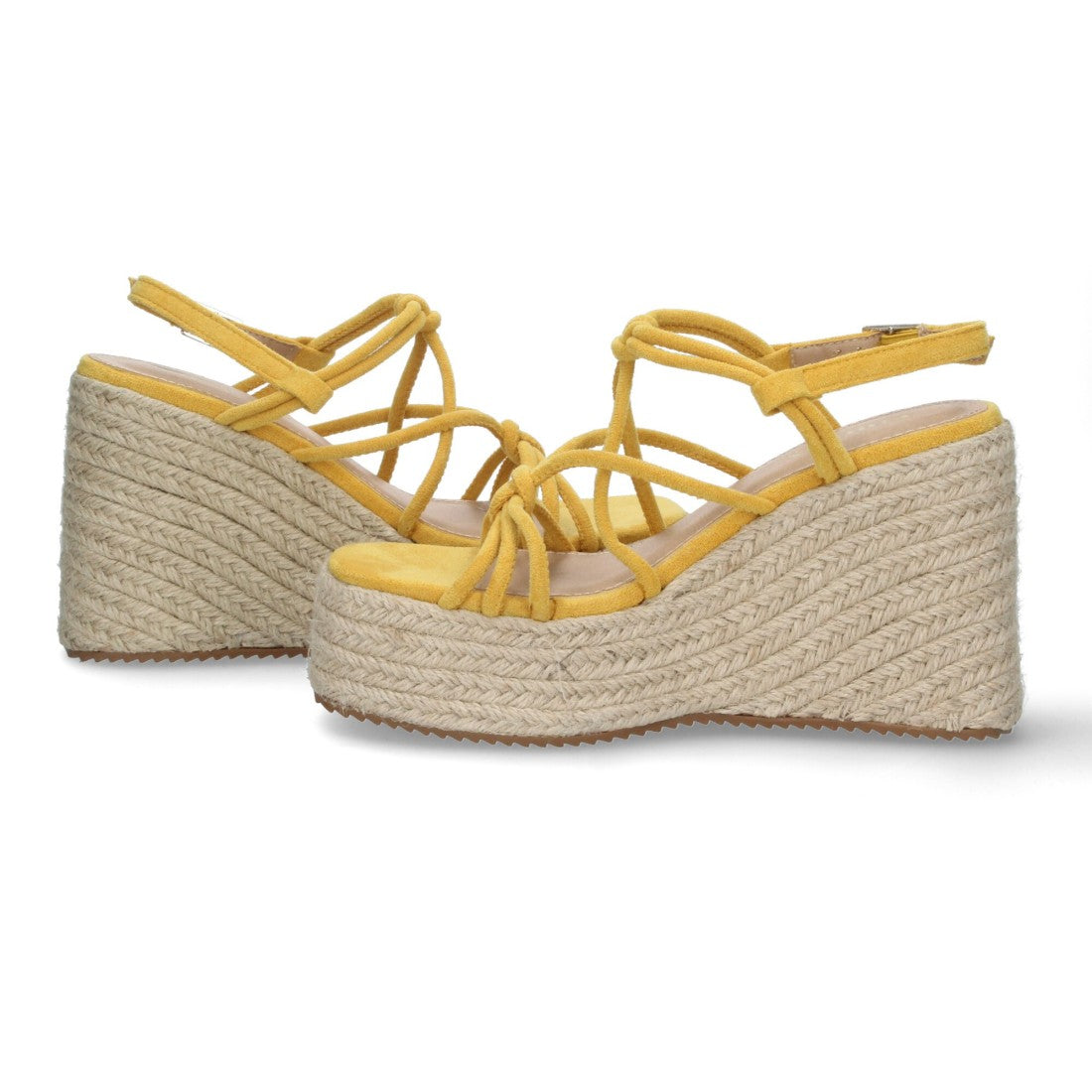 Sandalias Amarillas Mujer Cuña Yute Tiras Entrelazadas Tobillera Elegantes