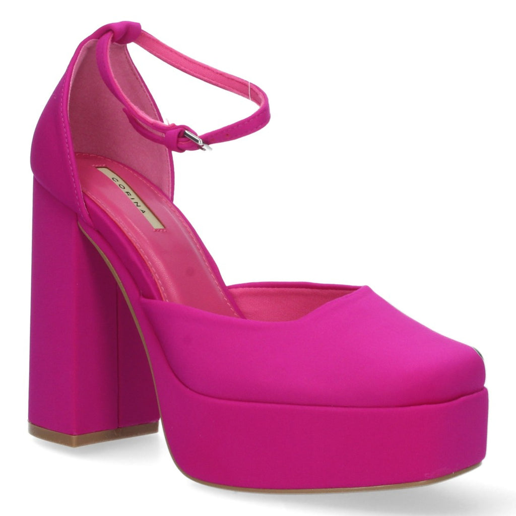 Sandalias Fucsias Mujer Tacón Efecto Raso Tobillera Elegantes Fiesta