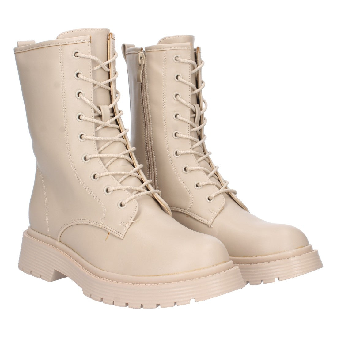 Flache Militärstiefeletten in Beige mit Schnürsenkeln