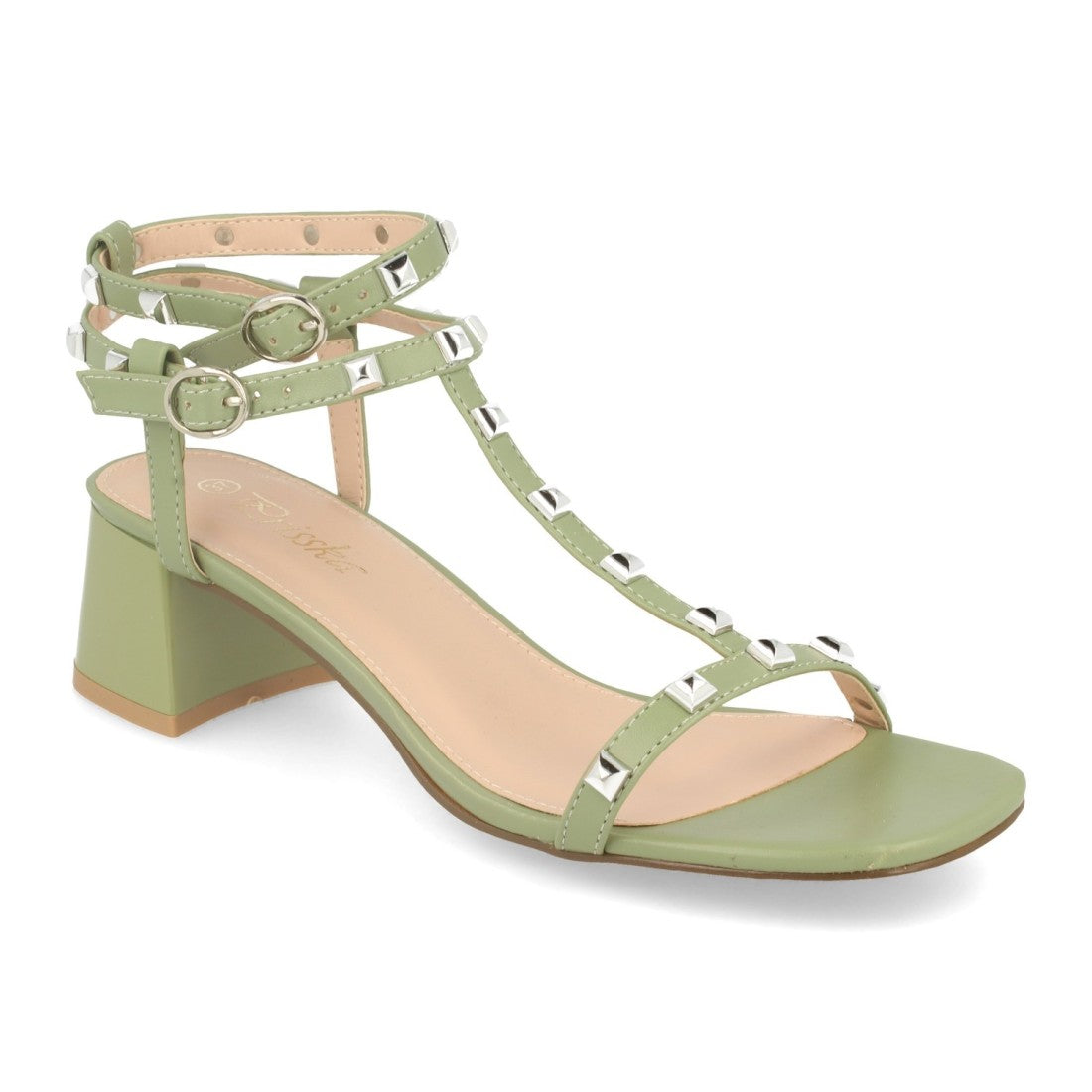 Sandalias Verdes Mujer Tacón T-Strap Tachuelas Talón Abierto