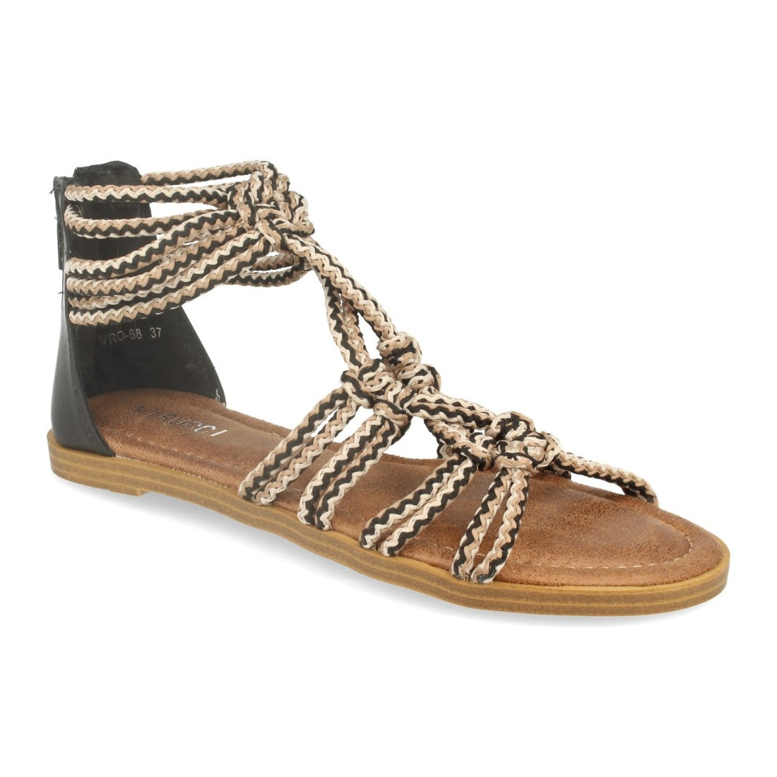 Sandalias Negras Mujer Cuerda Bohemias Cremallera Talón
