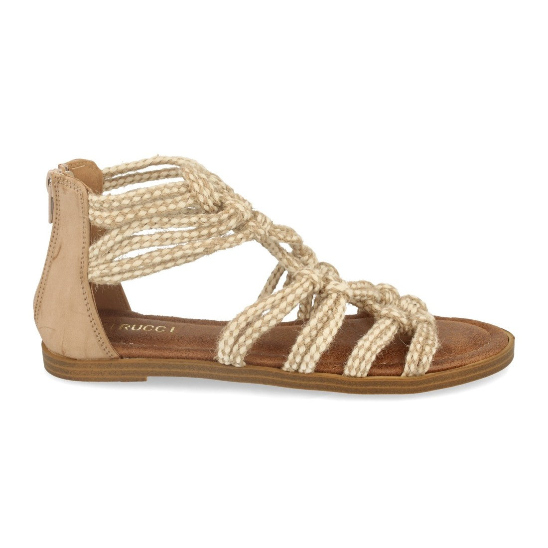 Sandalias Beige Mujer Cuerda Bohemias Cremallera Talón