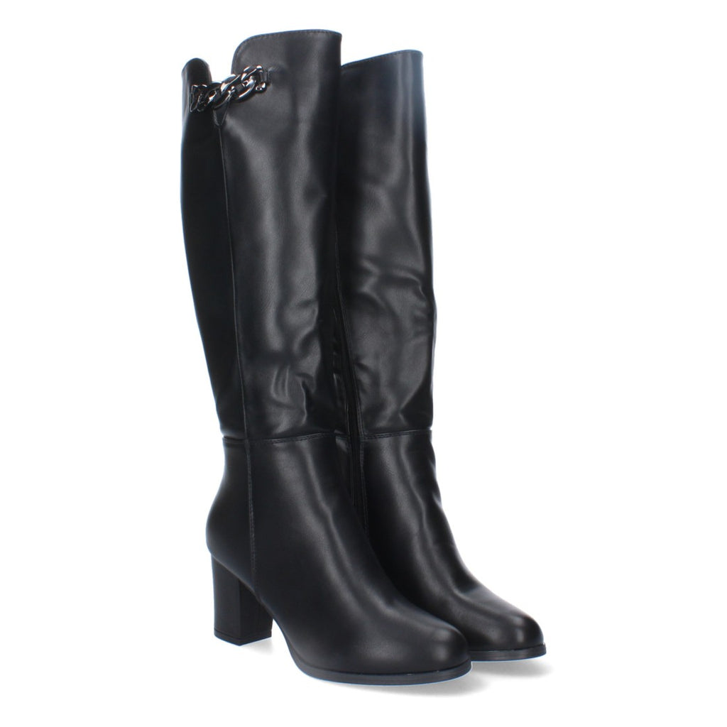 Botas Altas con Adorno Metálico y Tacón Ancho - Negro