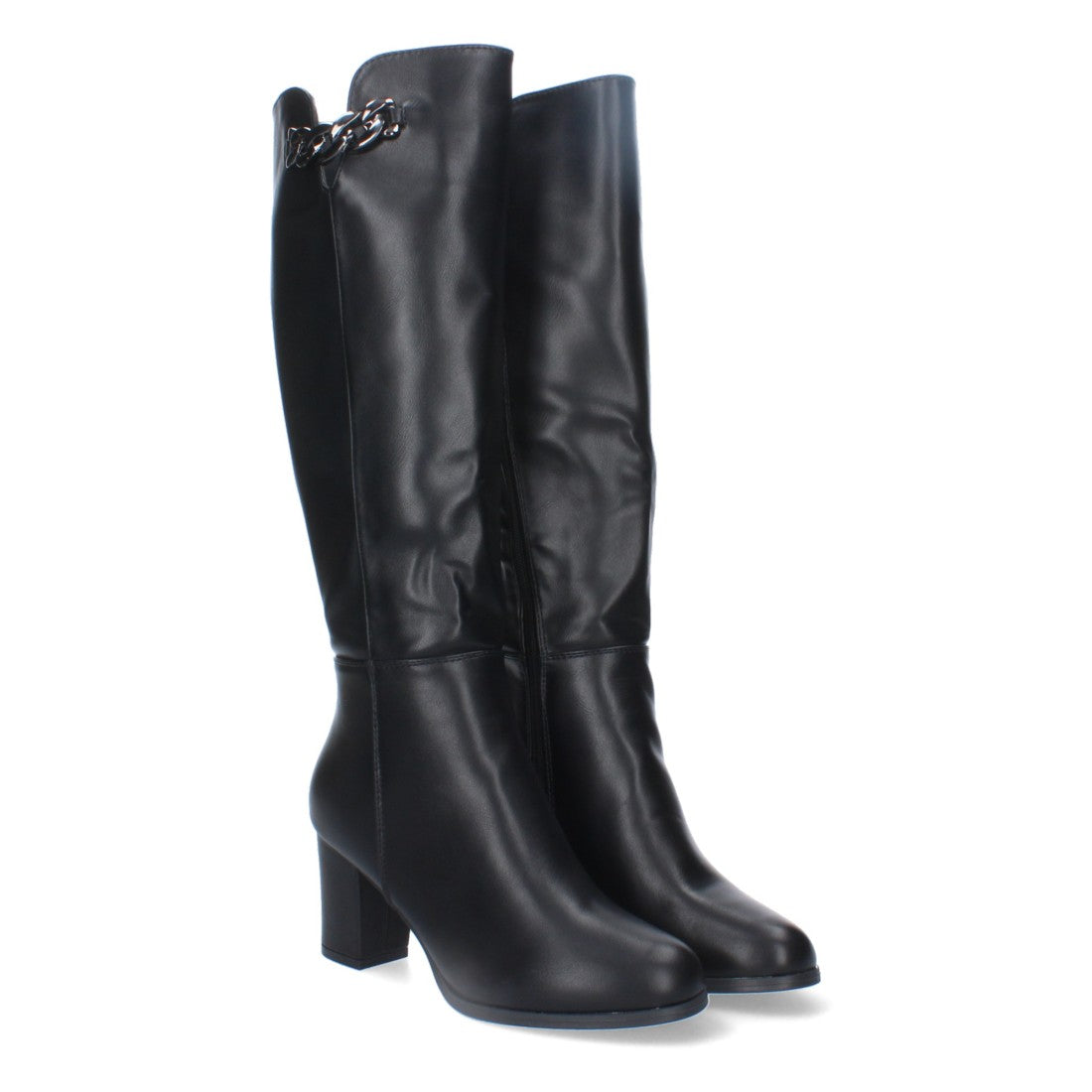 Botas Altas con Adorno Metálico y Tacón Ancho - Negro