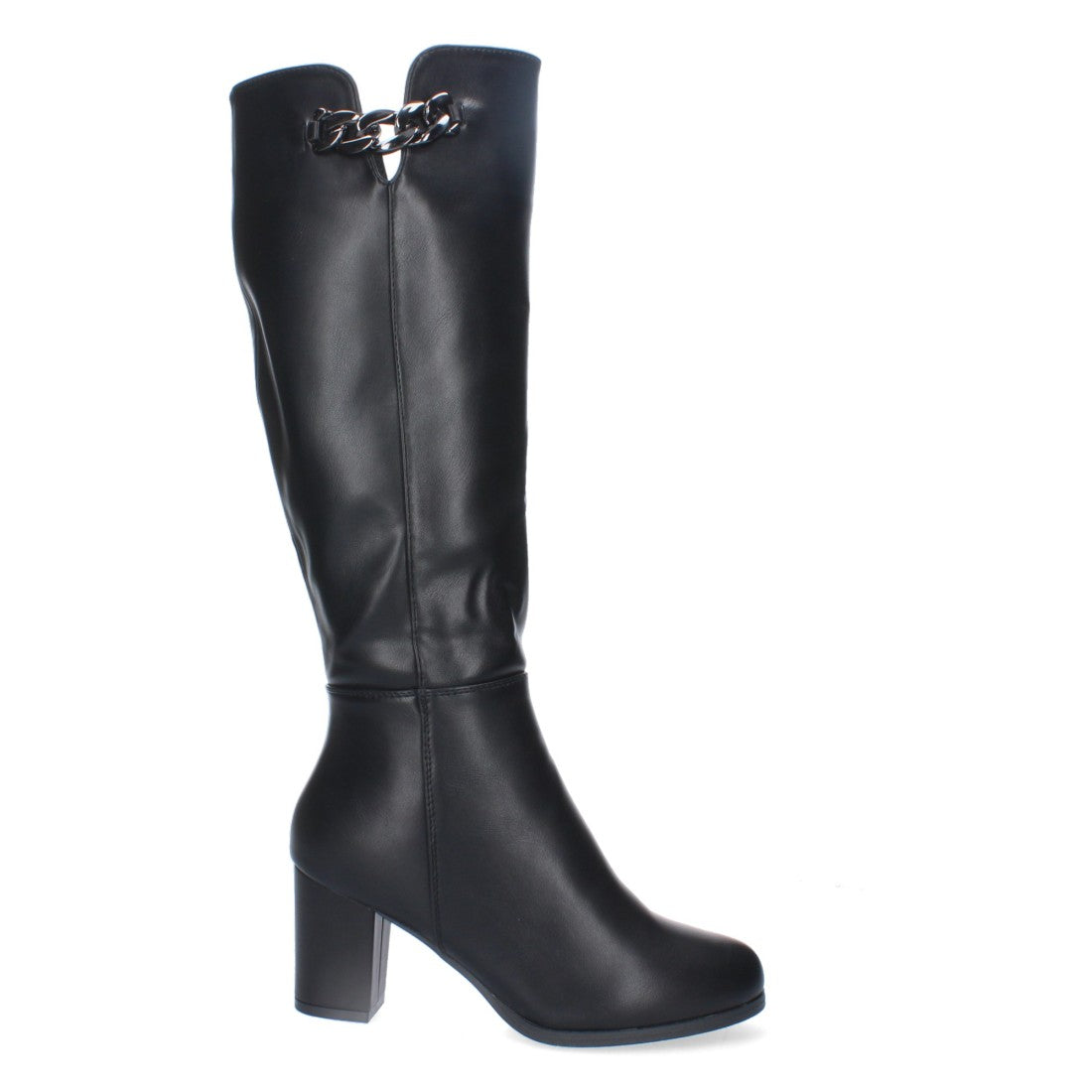 Botas Altas con Adorno Metálico y Tacón Ancho - Negro