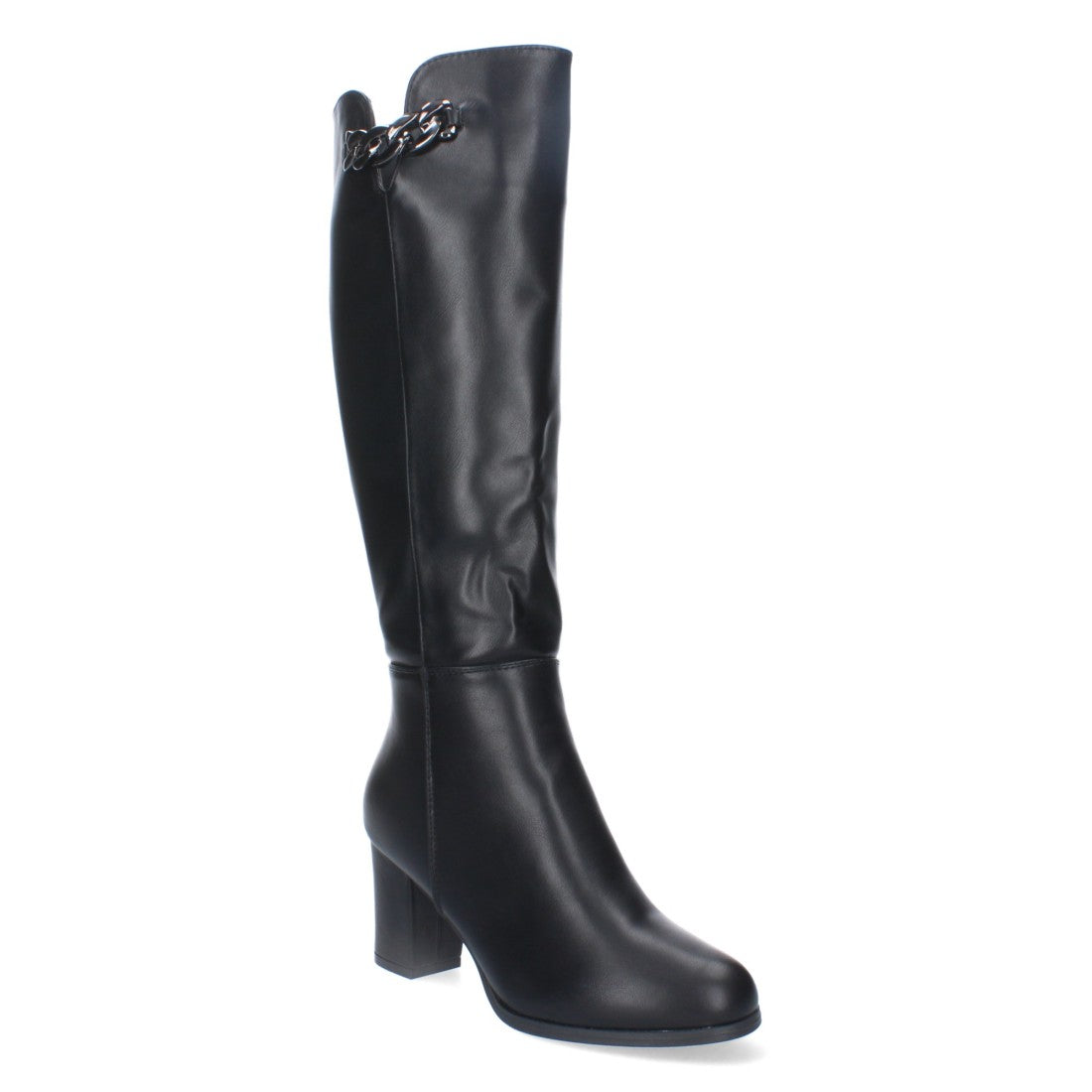 Botas Altas con Adorno Metálico y Tacón Ancho - Negro