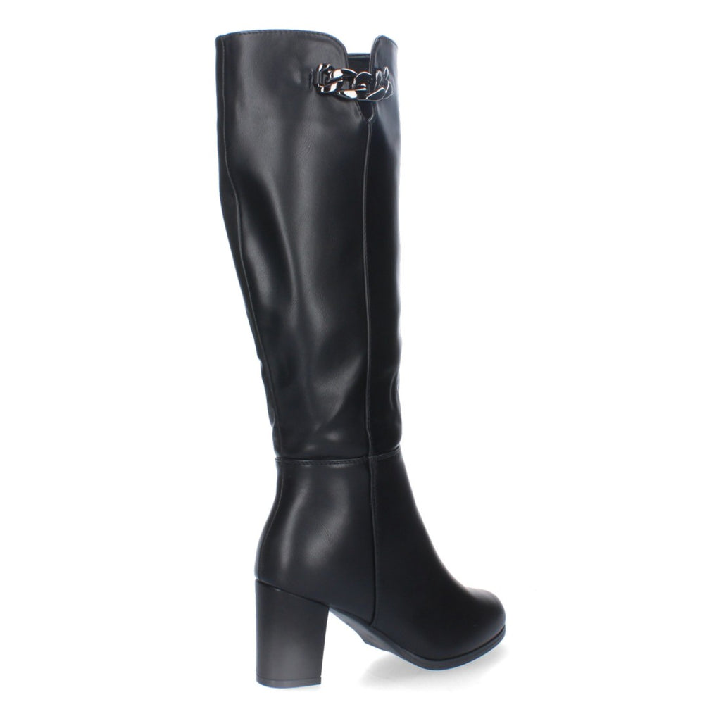 Botas Altas con Adorno Metálico y Tacón Ancho - Negro