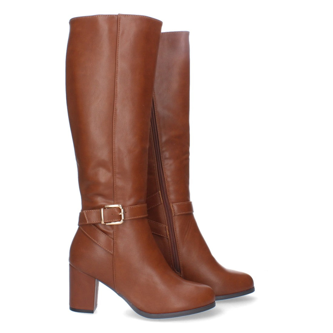 Botas Altas con Hebilla y Cremallera - Camel