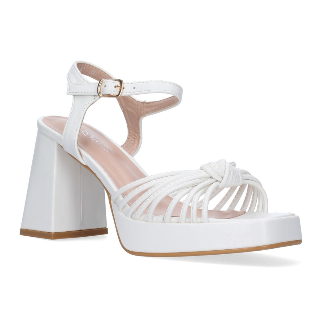 Sandalias Blancas Mujer Tacón Ancho Tiras Enredadas Elegantes