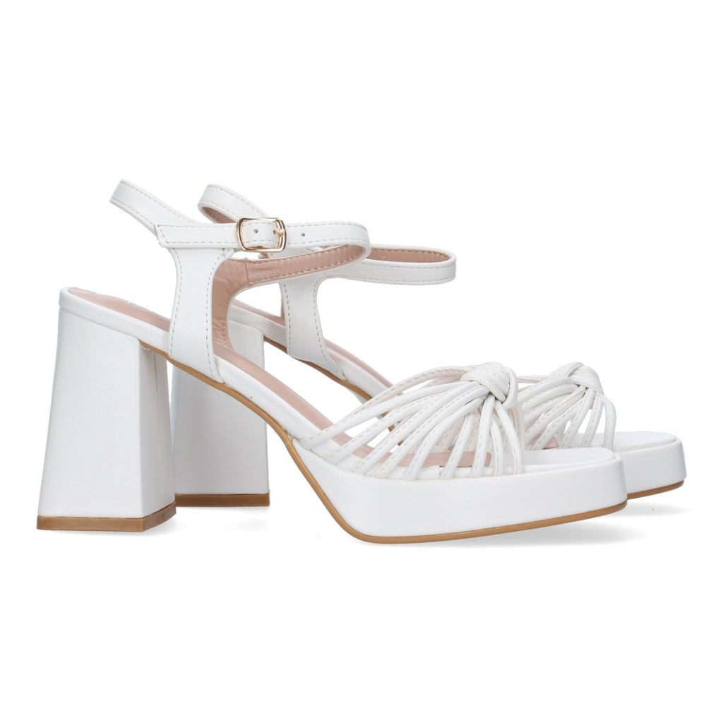 Sandalias Blancas Mujer Tacón Ancho Tiras Enredadas Elegantes