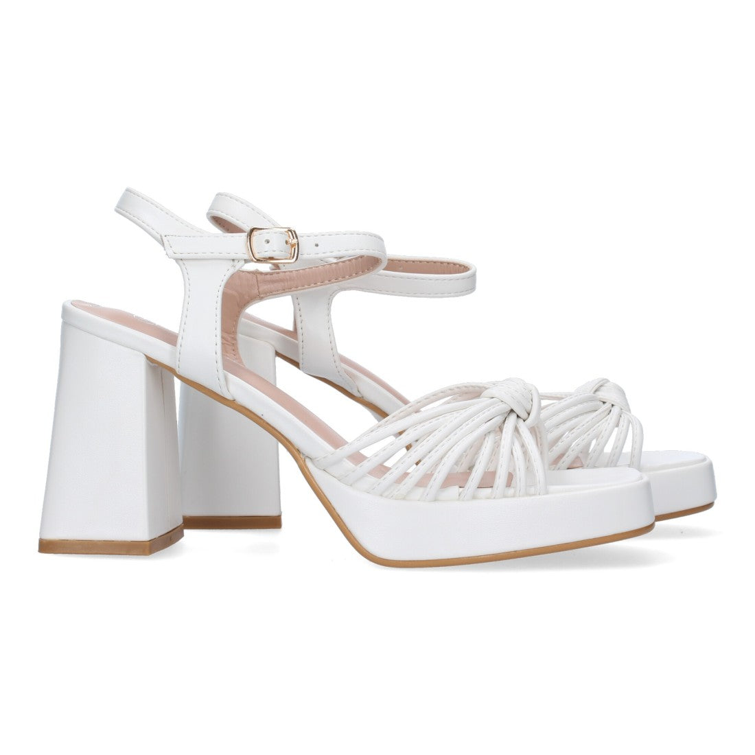 Sandalias Blancas Mujer Tacón Ancho Tiras Enredadas Elegantes