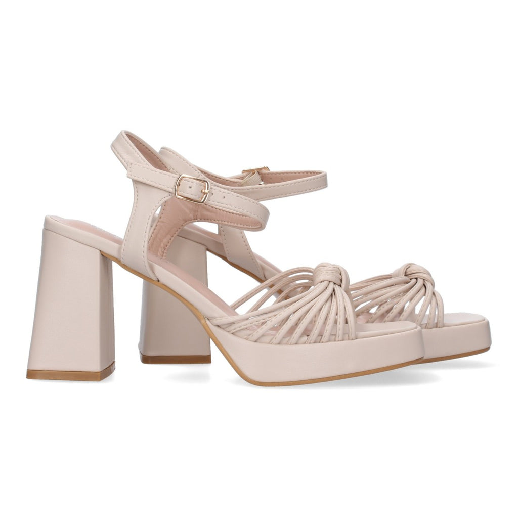 Sandalias Beige Mujer Tacón Ancho Tiras Enredadas Elegantes