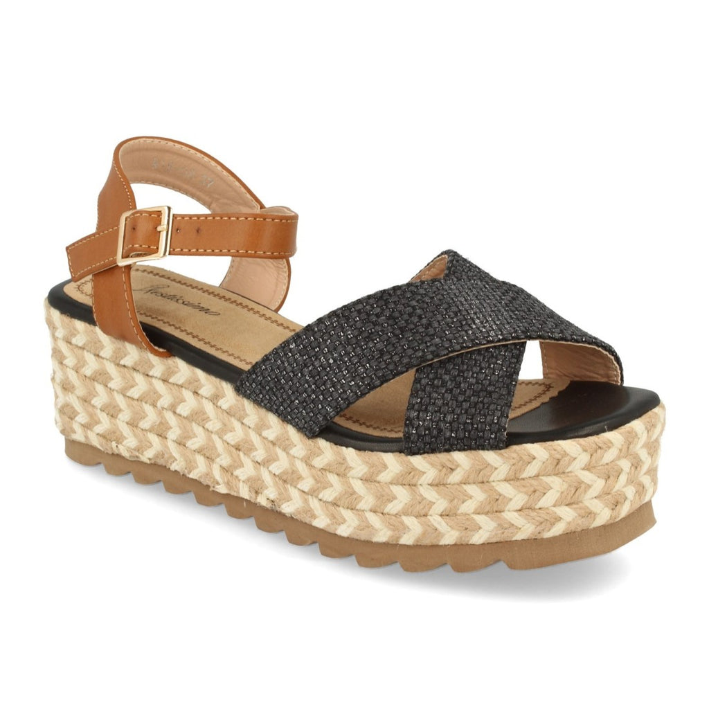 Sandalias Negras Mujer Plataforma Rafia Cordones Trenzados