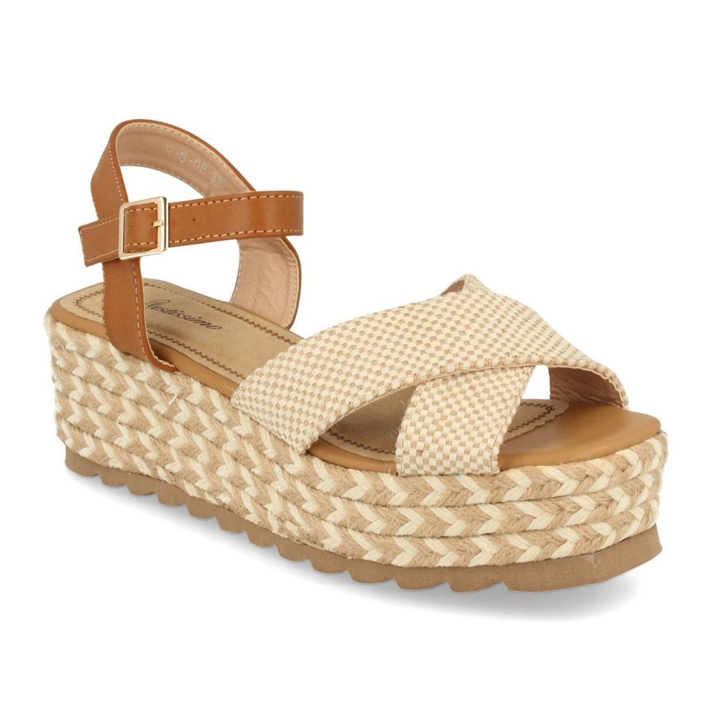 Sandalias Beige Mujer Plataforma Rafia Cordones Trenzados