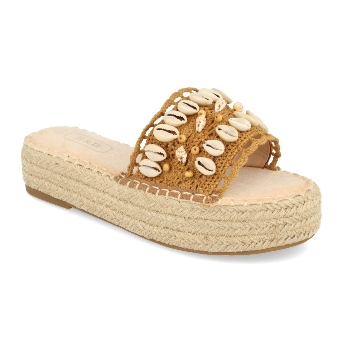 Sandalias Camel Mujer Plataforma Yute Conchas
