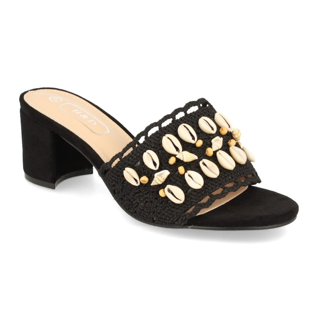 Sandalias Negras Mujer Tacón Conchas Talón Abierto