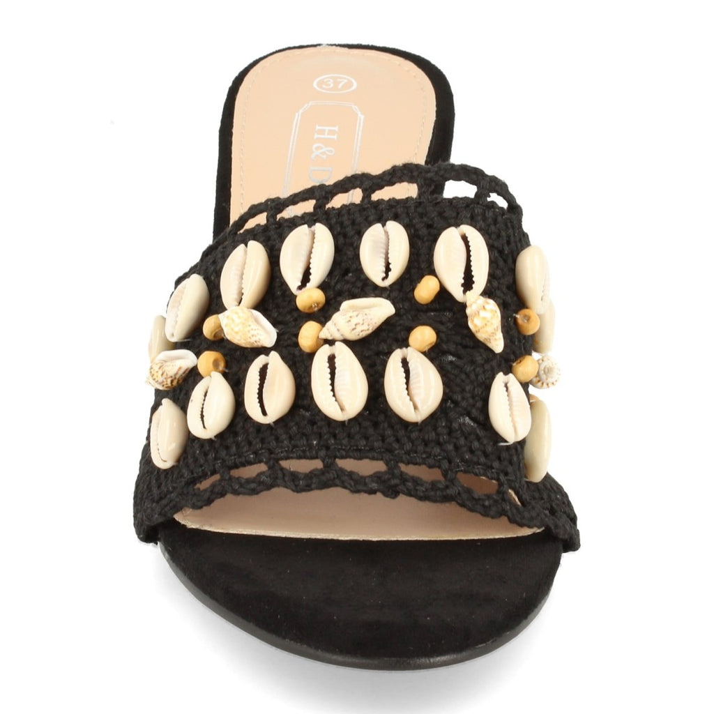 Sandalias Negras Mujer Tacón Conchas Talón Abierto