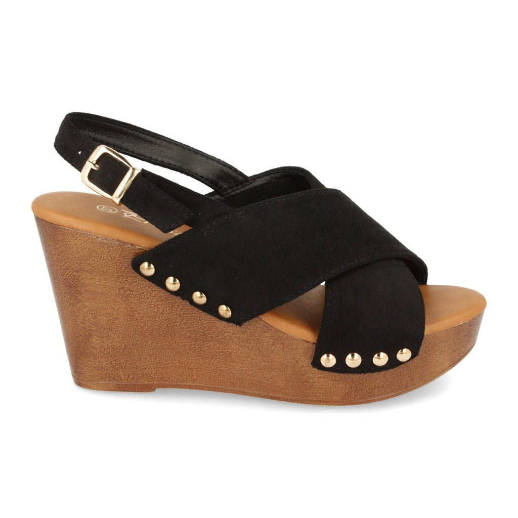 Sandalias Negras Mujer Cuña Bohemia Madera Palas Cruzadas