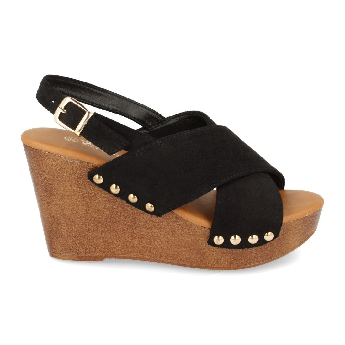 Sandalias Negras Mujer Cuña Bohemia Madera Palas Cruzadas