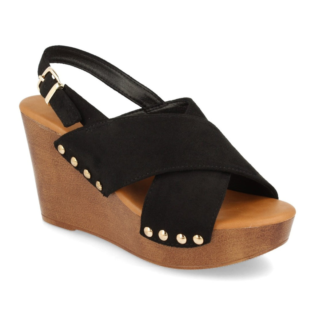 Sandalias Negras Mujer Cuña Bohemia Madera Palas Cruzadas