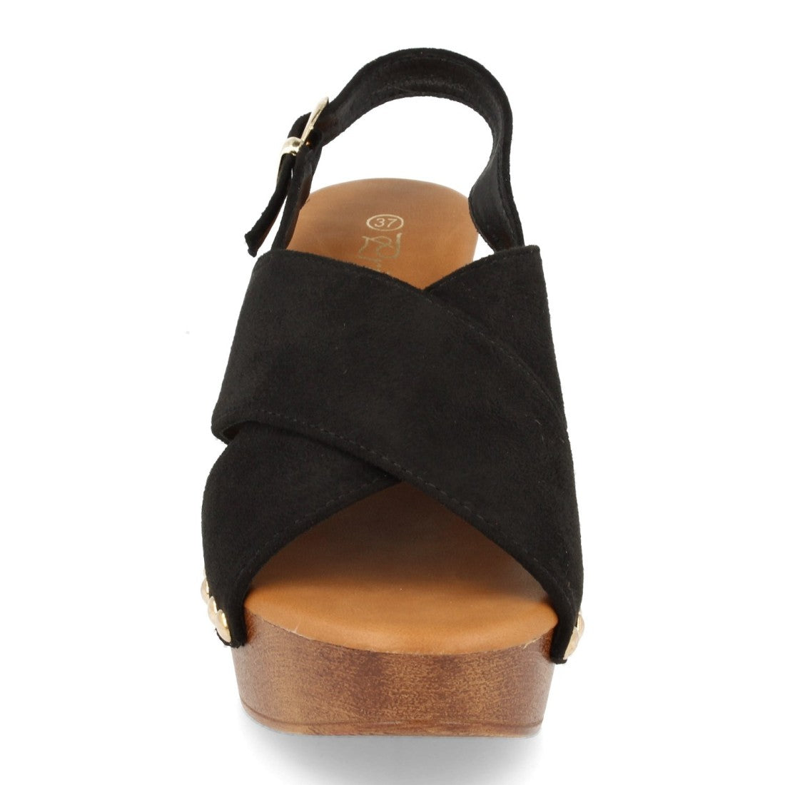 Sandalias Negras Mujer Cuña Bohemia Madera Palas Cruzadas