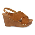 Sandalias Camel Mujer Cuña Bohemia Madera Palas Cruzadas