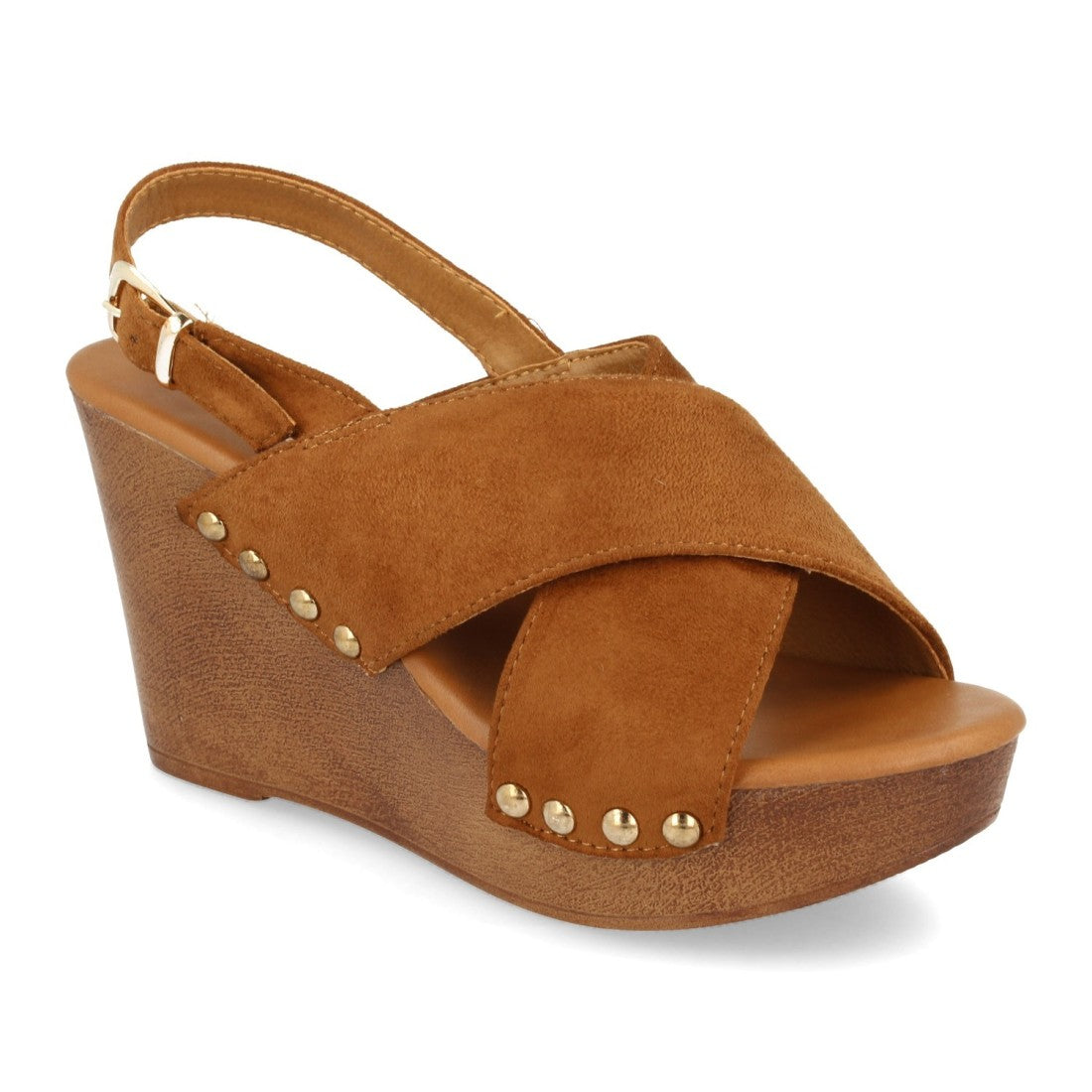 Sandalias Camel Mujer Cuña Bohemia Madera Palas Cruzadas