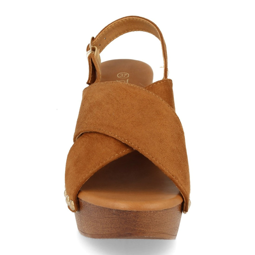 Sandalias Camel Mujer Cuña Bohemia Madera Palas Cruzadas