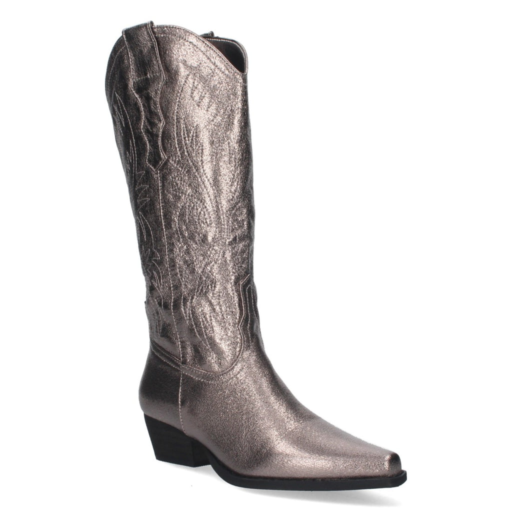 Elegante hohe graue Stiefel mit Absatz