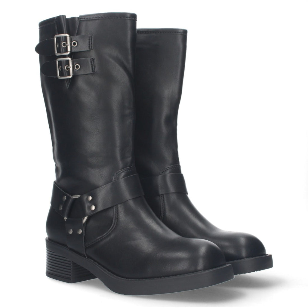 Botas Moteras Negras con Tacón Bajo y Cremallera