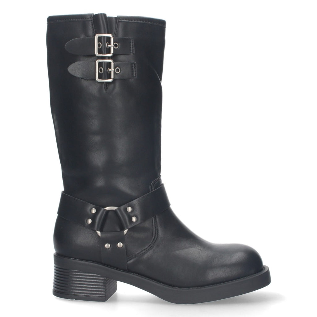 Botas Moteras Negras con Tacón Bajo y Cremallera