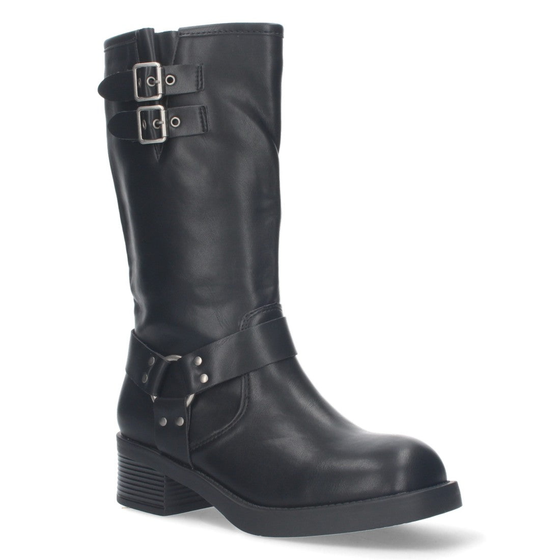 Botas Moteras Negras con Tacón Bajo y Cremallera