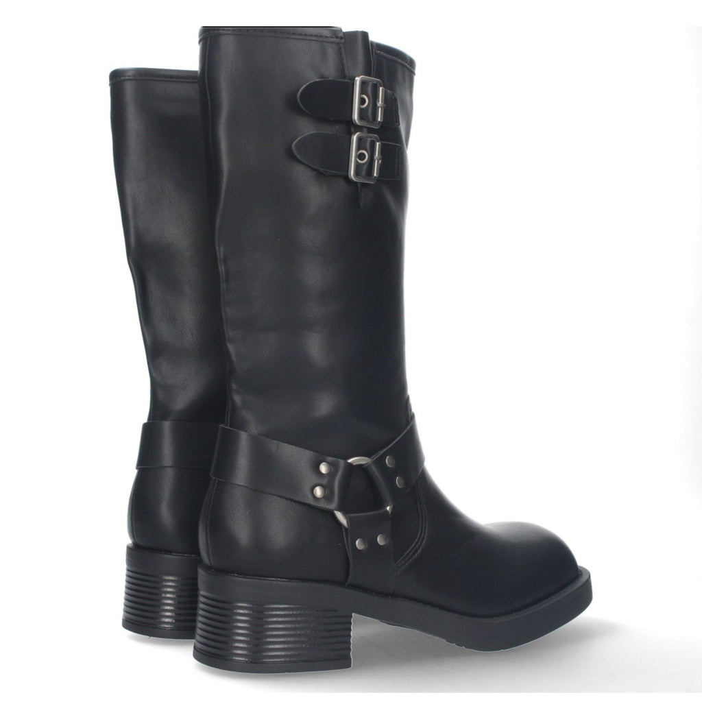 Botas Moteras Negras con Tacón Bajo y Cremallera