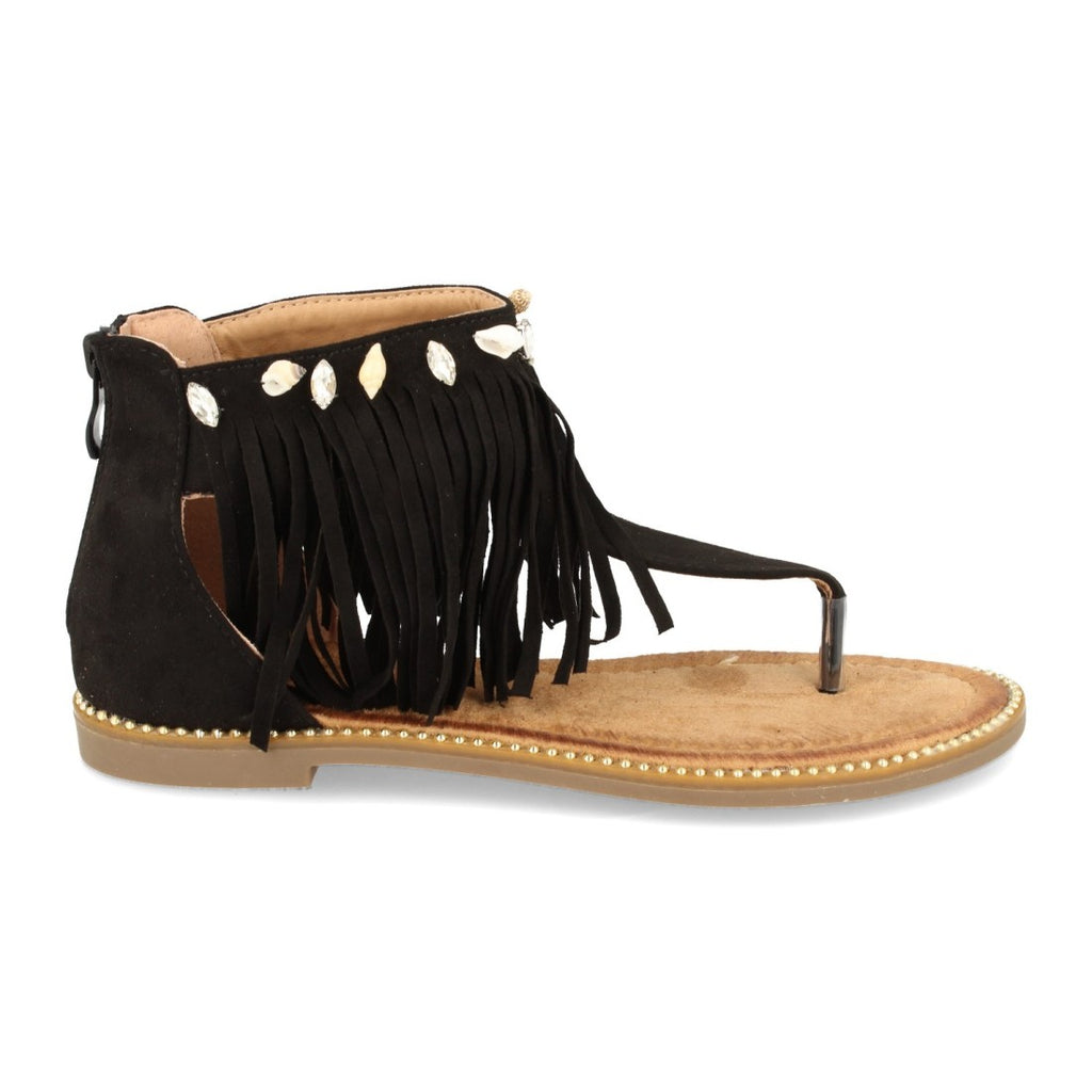 Sandalias Negras Mujer Planas Esclava Flecos Conchas Bohemia