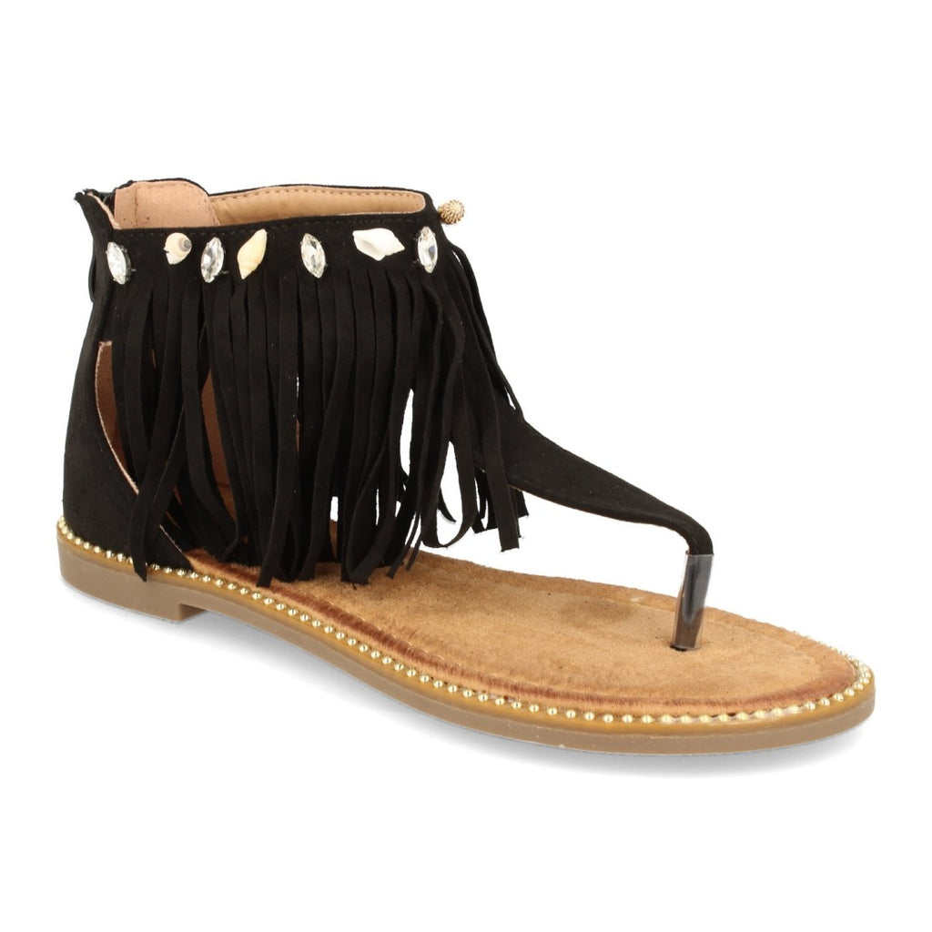 Sandalias Negras Mujer Planas Esclava Flecos Conchas Bohemia
